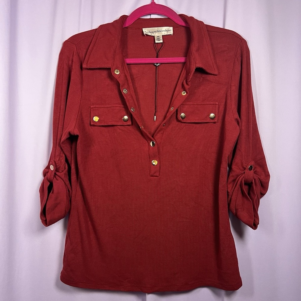 Catherine Malandrino Red Ribbed Knit Top Size M Collared Gold Button Preppy - Picture 6 of 10